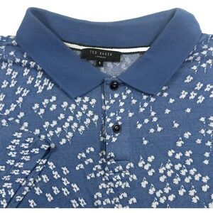 Ted Baker Polo Mens Large Size 5 Blue All Over Floral Jacquard Short Sleeve Polo
